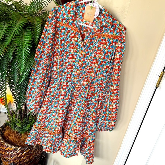 Brand New Umgee Floral Long-Sleeved Button Down Dress Crochet Trim Collared Mini - Picture 6 of 16